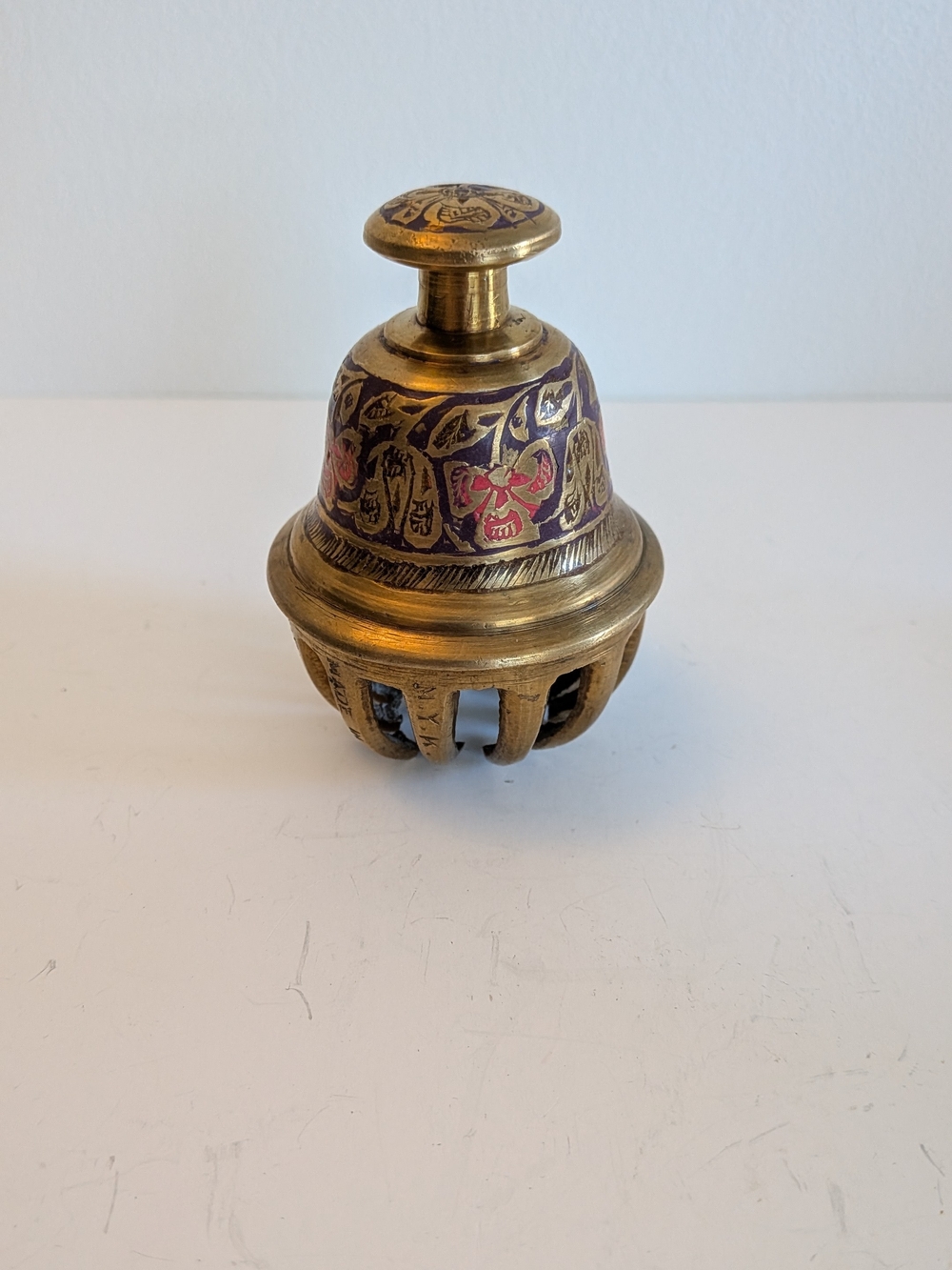Brass Tibetan Elephant claw bell temple prayer enamelled Etched Floral